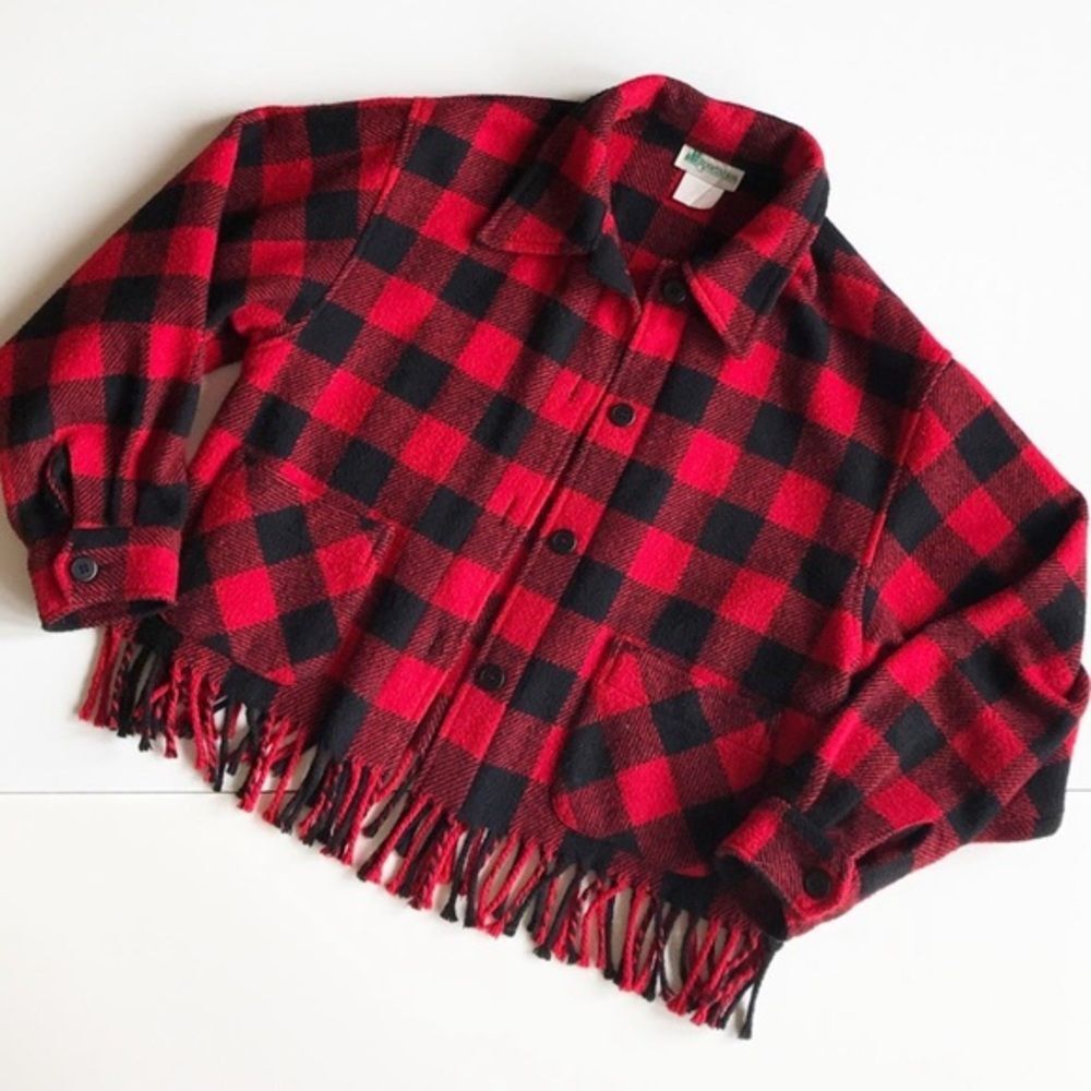 80s Vintage plaid wool lumberjack fringe jacket coat - Womens xs small medium